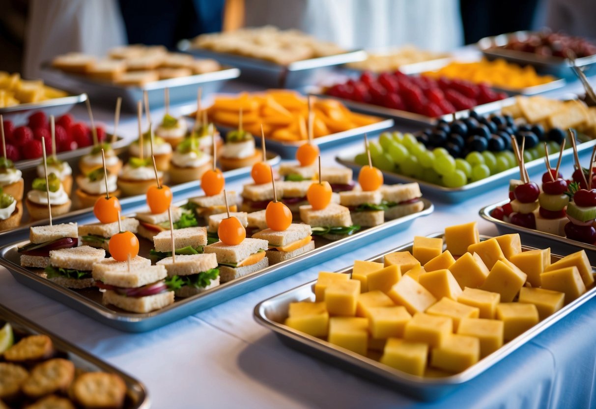 A table filled with trays of simple appetizers and finger foods, such as mini sandwiches, fruit skewers, and cheese platters, arranged neatly for a wedding reception