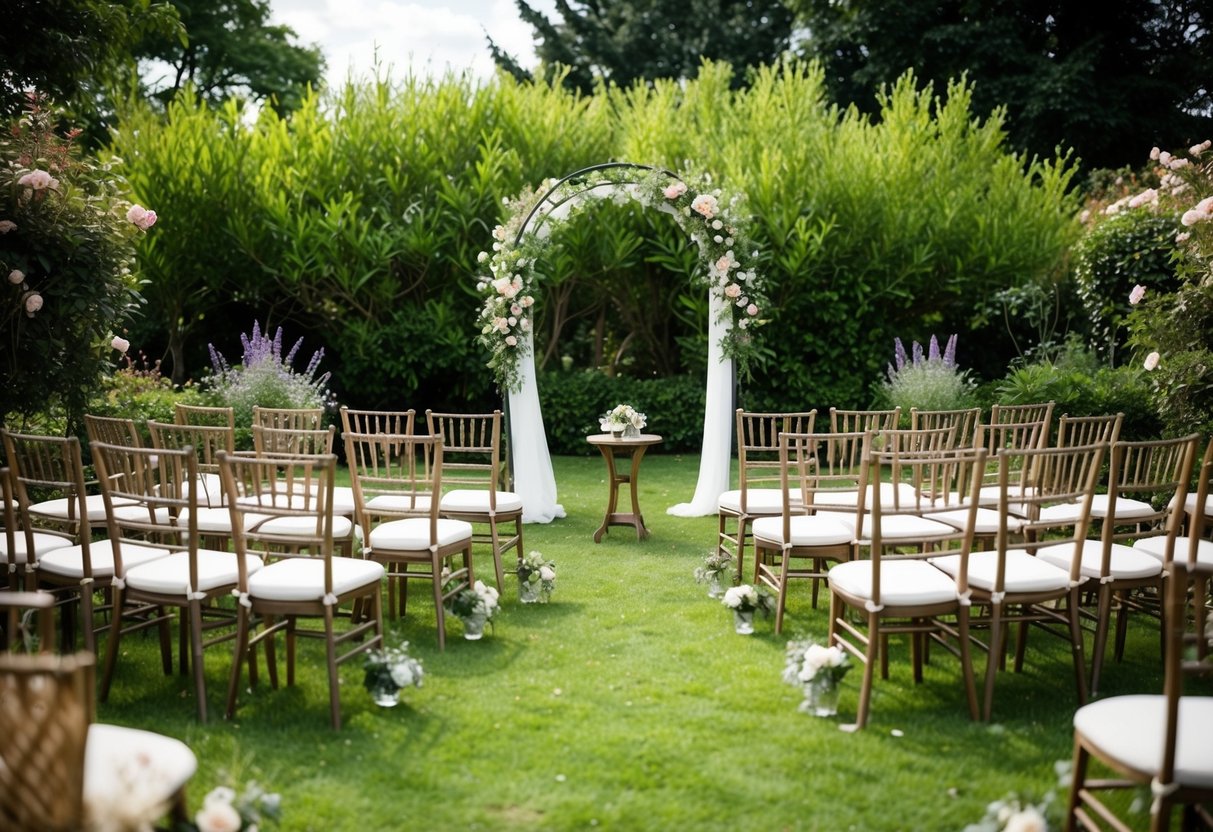 A cozy outdoor garden with 40 chairs arranged in a circle around a beautiful archway adorned with flowers, creating an intimate setting for a small wedding ceremony