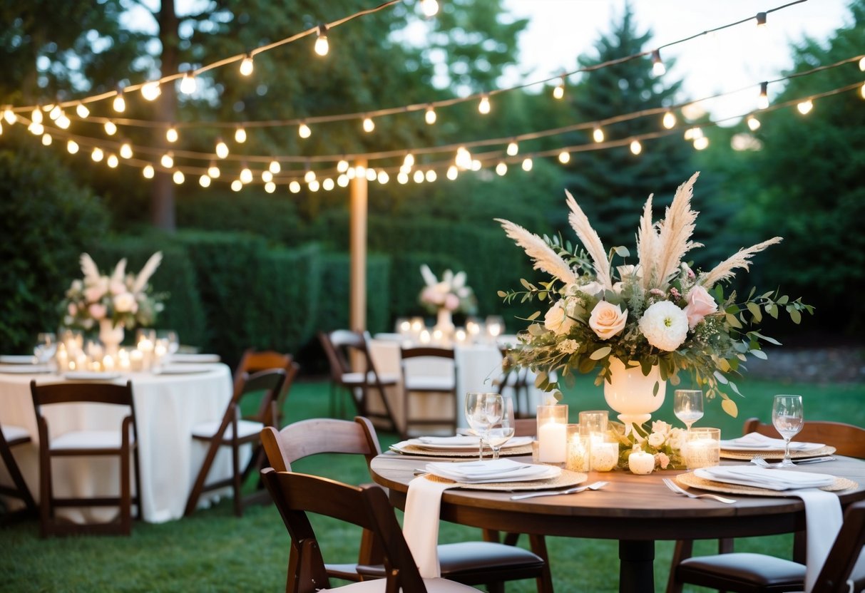 A cozy backyard wedding with string lights, floral centerpieces, and personalized decor