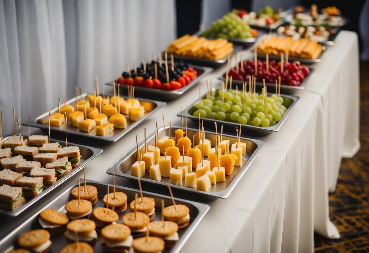 A table filled with trays of simple finger foods and appetizers, such as mini sandwiches, fruit skewers, and cheese platters, arranged neatly for a wedding reception