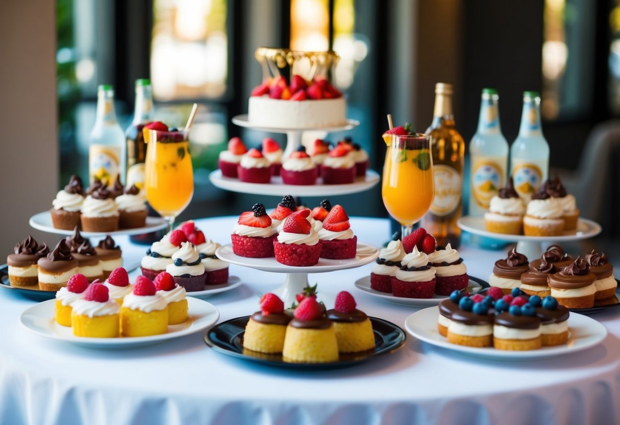 A table filled with colorful and decadent desserts and beverages, arranged elegantly on a budget-friendly display