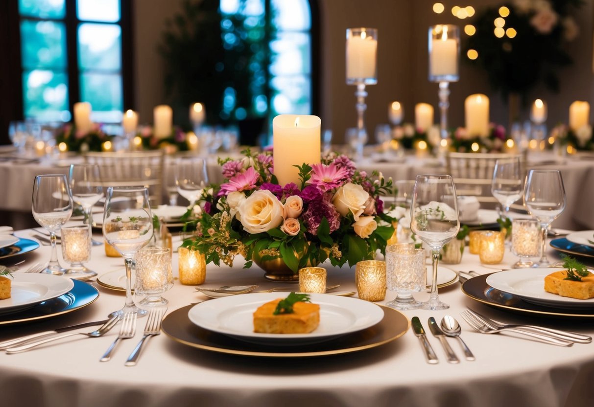 A beautifully set table with elegant place settings and a lavish multi-course meal, surrounded by flowers and candles
