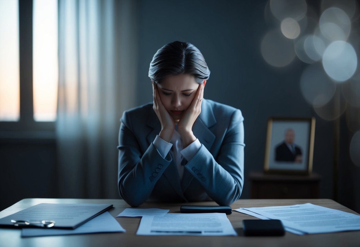 A figure stands alone in a dimly lit room, surrounded by legal documents and a photo of their deceased partner. The figure wears a somber expression, reflecting on the absence of legal rights and protections