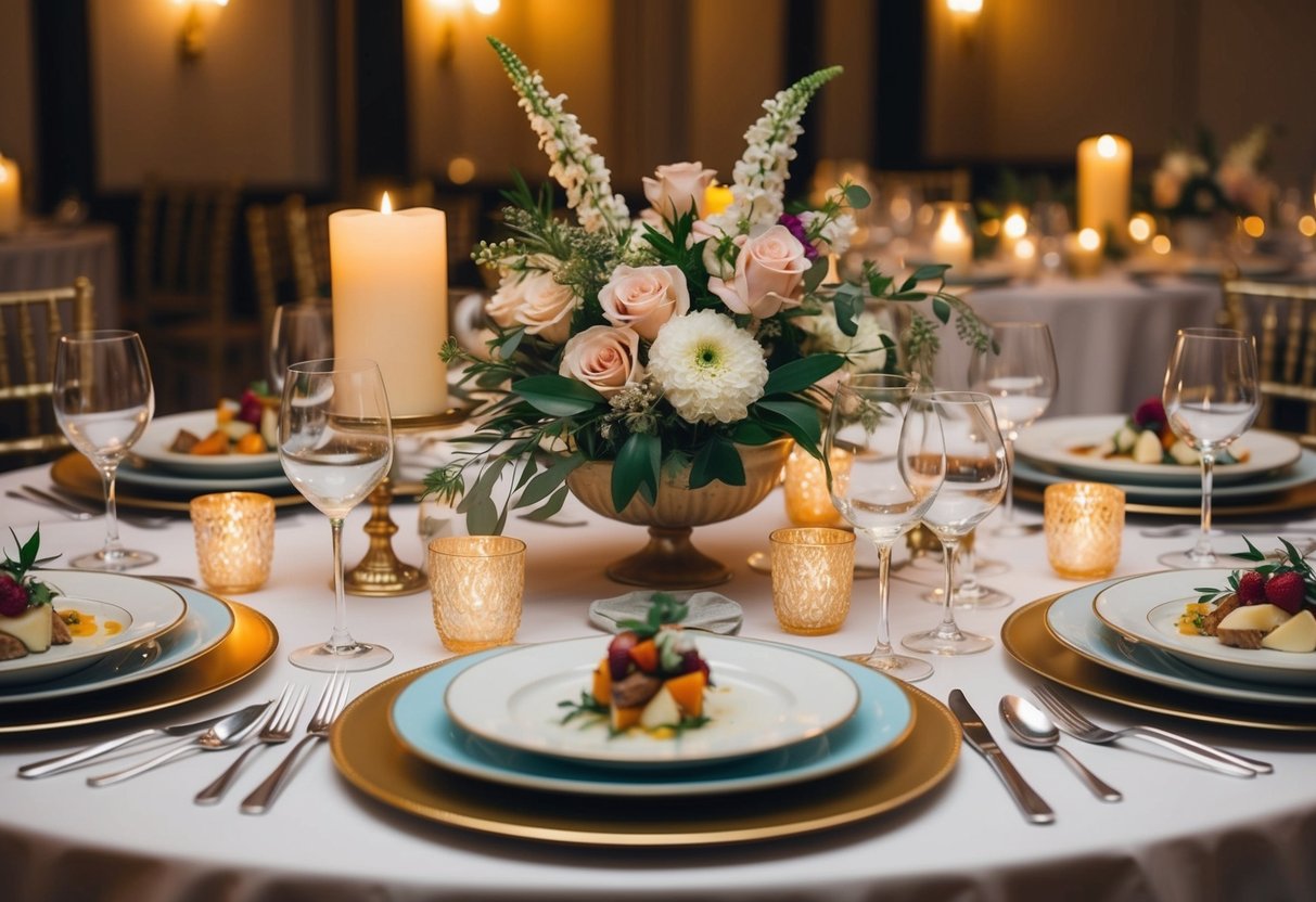 A beautifully set table with elegant place settings and a variety of gourmet dishes, surrounded by floral centerpieces and soft candlelight