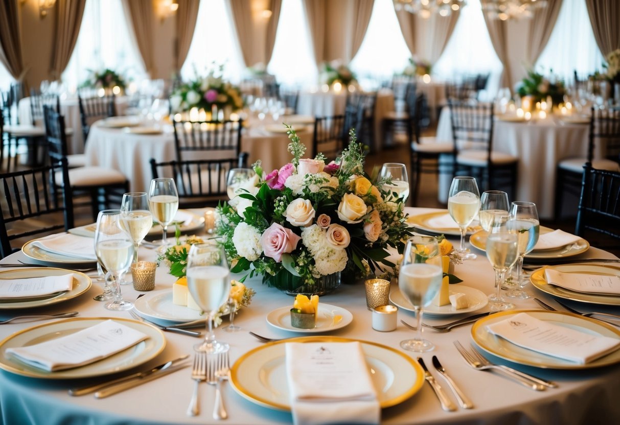 A beautifully set dining table with elegant place settings, floral centerpieces, and a variety of delicious dishes displayed for a wedding meal