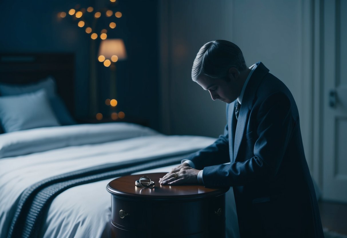 A solemn figure in a dimly lit room, two wedding rings on a bedside table, a sense of urgency and finality in the air