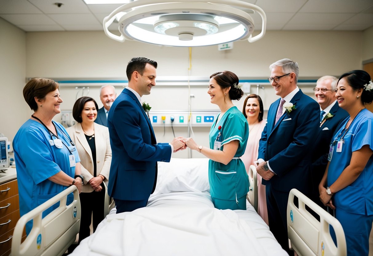 A couple exchanging vows in a hospital room, surrounded by loved ones and medical equipment
