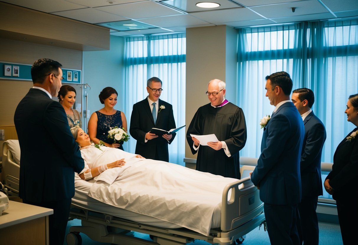 A solemn ceremony in a dimly lit hospital room, with a minister and witnesses gathered around the bed of the terminally ill couple exchanging vows