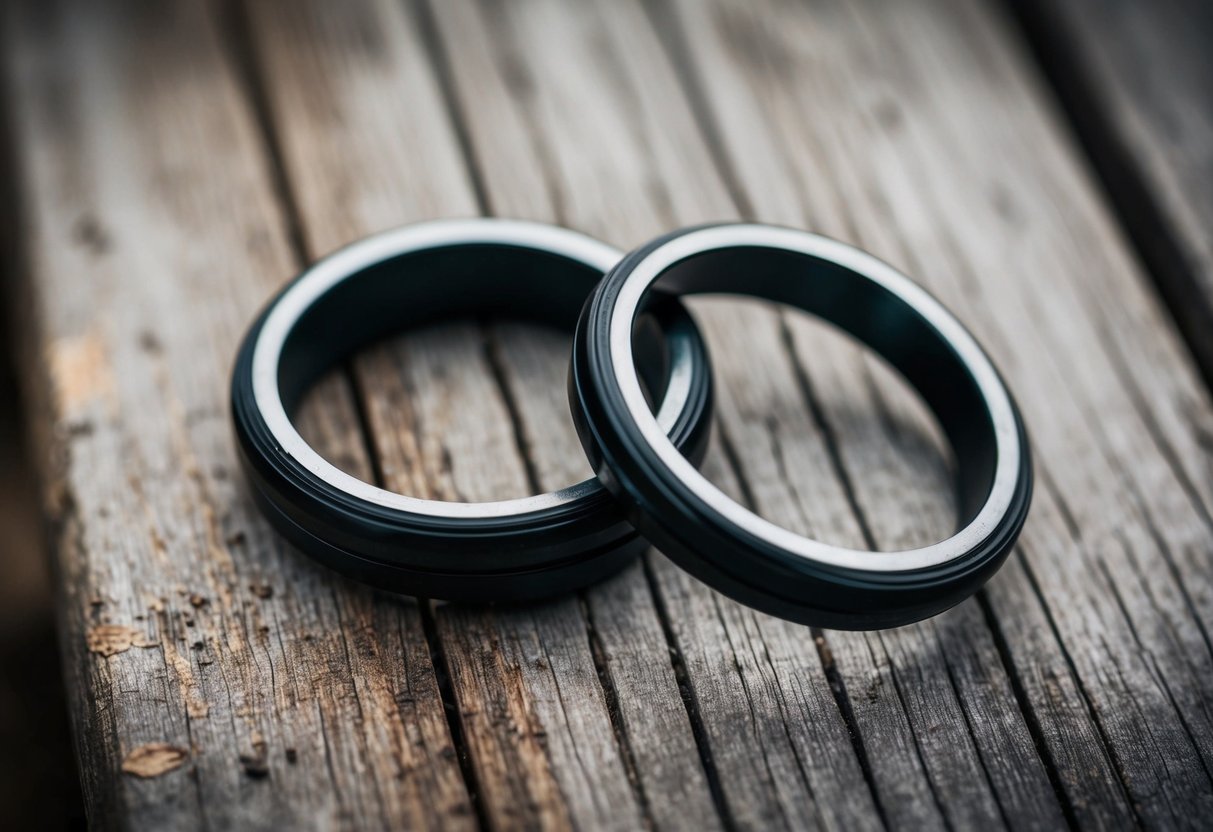 A pair of interlocking rings on a weathered wooden surface