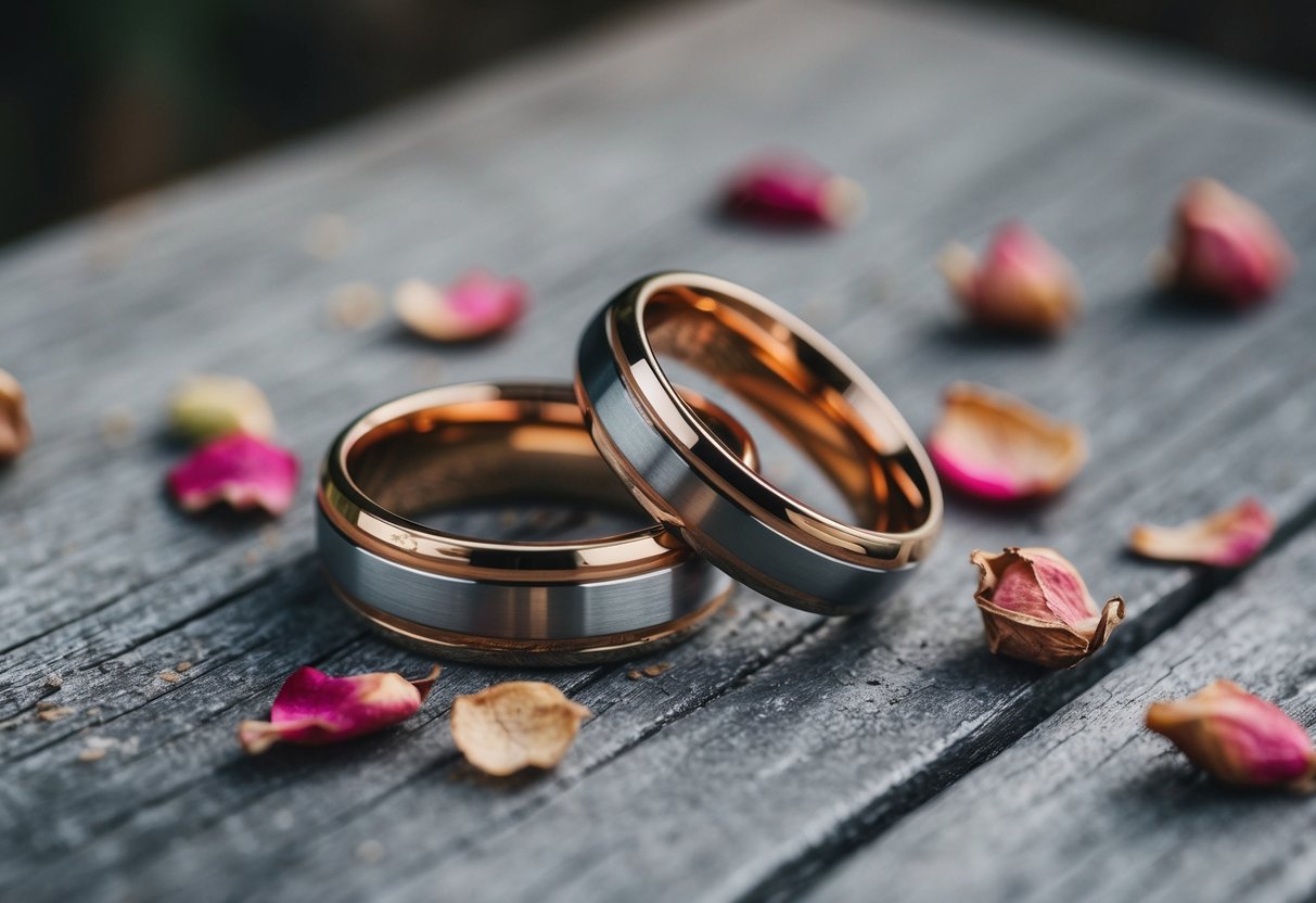 A pair of interlocking wedding bands resting on a weathered wooden surface, surrounded by a scattering of dried rose petals