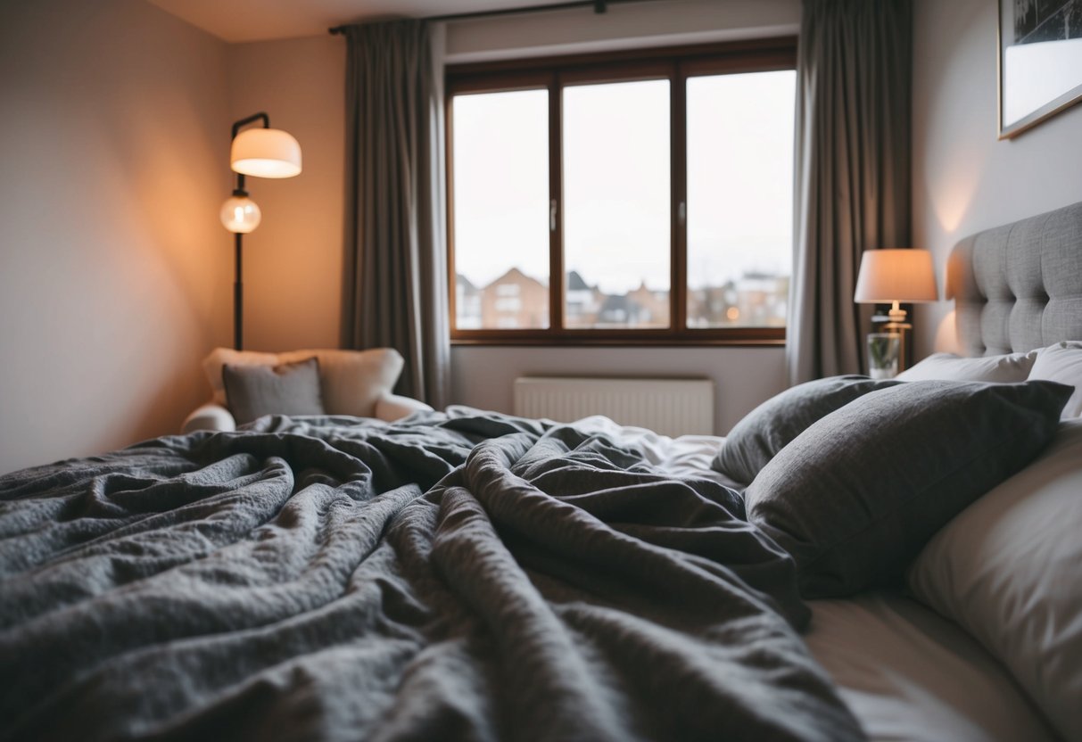 A cozy bedroom with a rumpled bed and soft lighting, suggesting intimacy and romance