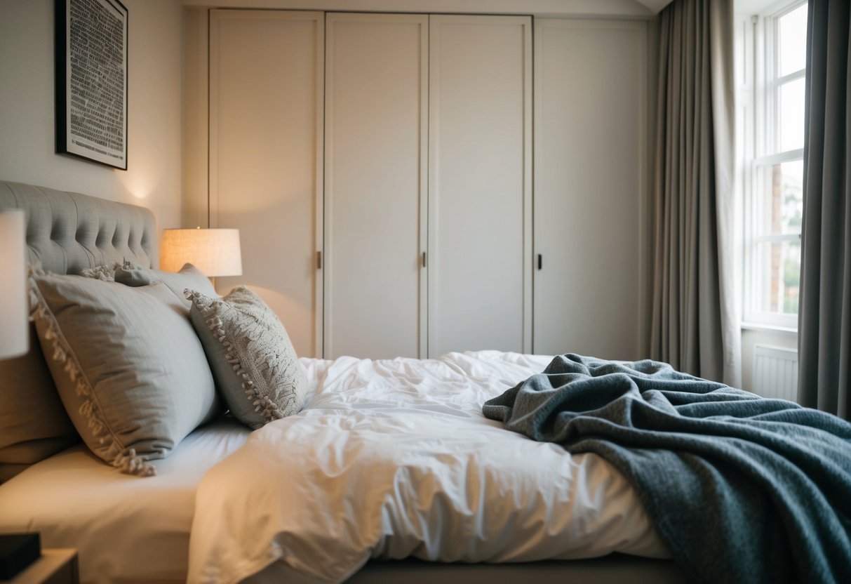 A cozy bedroom with a rumpled bed, soft lighting, and a sense of intimacy