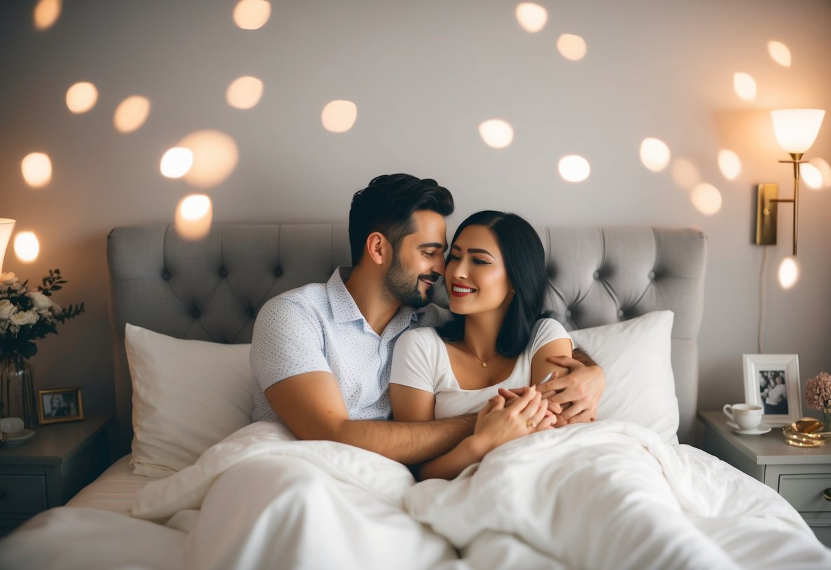 A couple lying in bed, surrounded by soft lighting and romantic decor, embracing each other with a look of connection and satisfaction on their faces