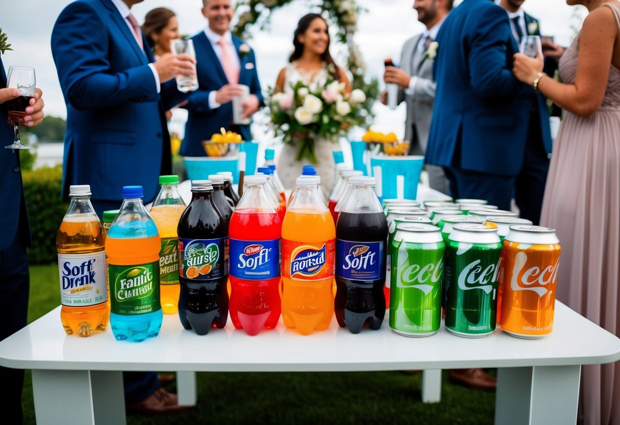 A table with various beverage options, including soft drinks, surrounded by wedding decorations and guests mingling