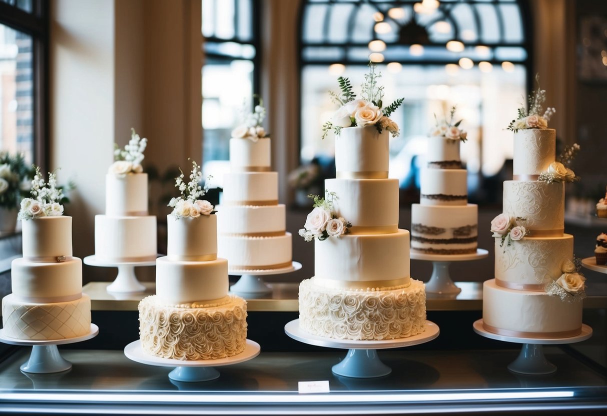A bakery display showcasing elegant wedding cakes of varying sizes and designs with intricate frosting and delicate floral decorations