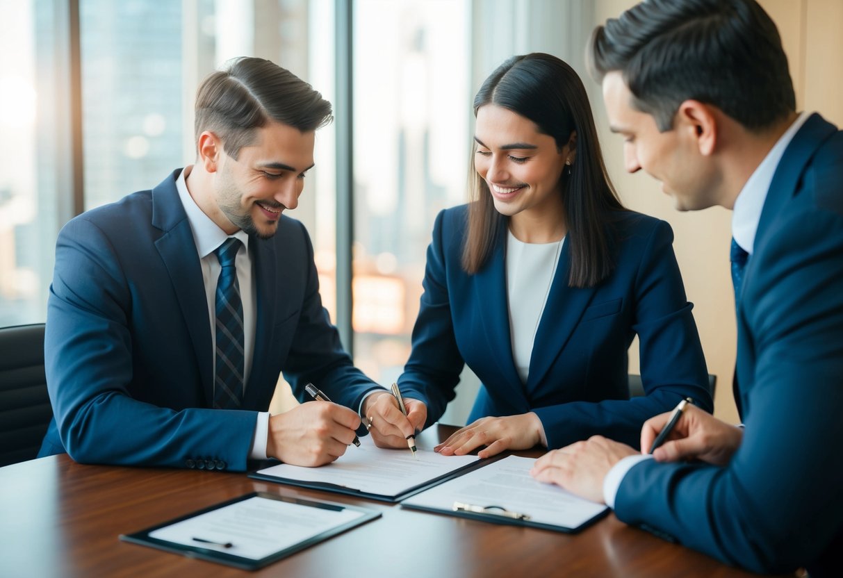 A couple signing a cohabitation agreement in a lawyer's office