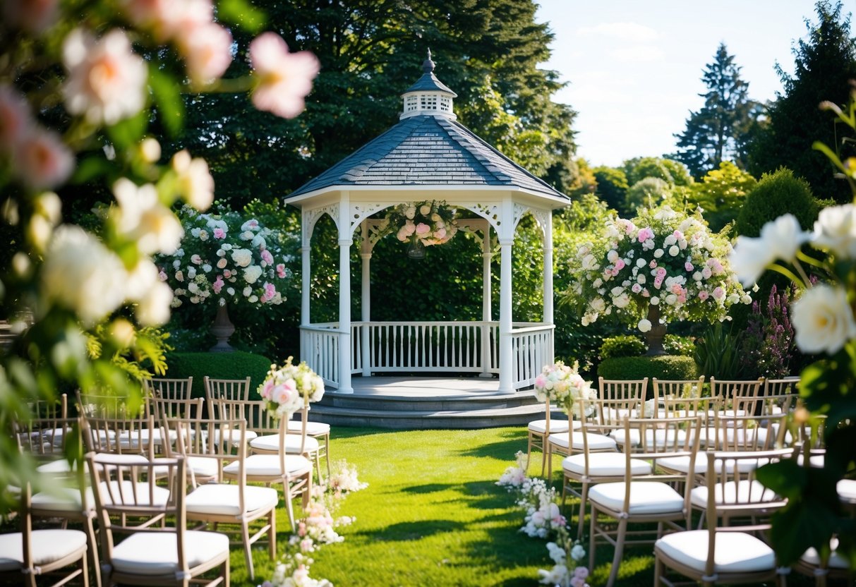 A picturesque garden with a charming gazebo, blooming flowers, and elegant seating arrangements, perfect for a romantic outdoor wedding ceremony