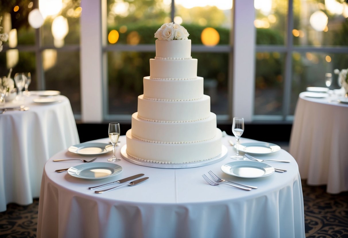 A tiered wedding cake on a white table, surrounded by elegant dessert plates and silver serving utensils