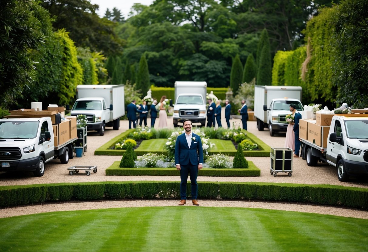 A person stands in a lush garden, surrounded by various vendors setting up for a wedding. Trucks and delivery vehicles are parked nearby, unloading equipment and decorations