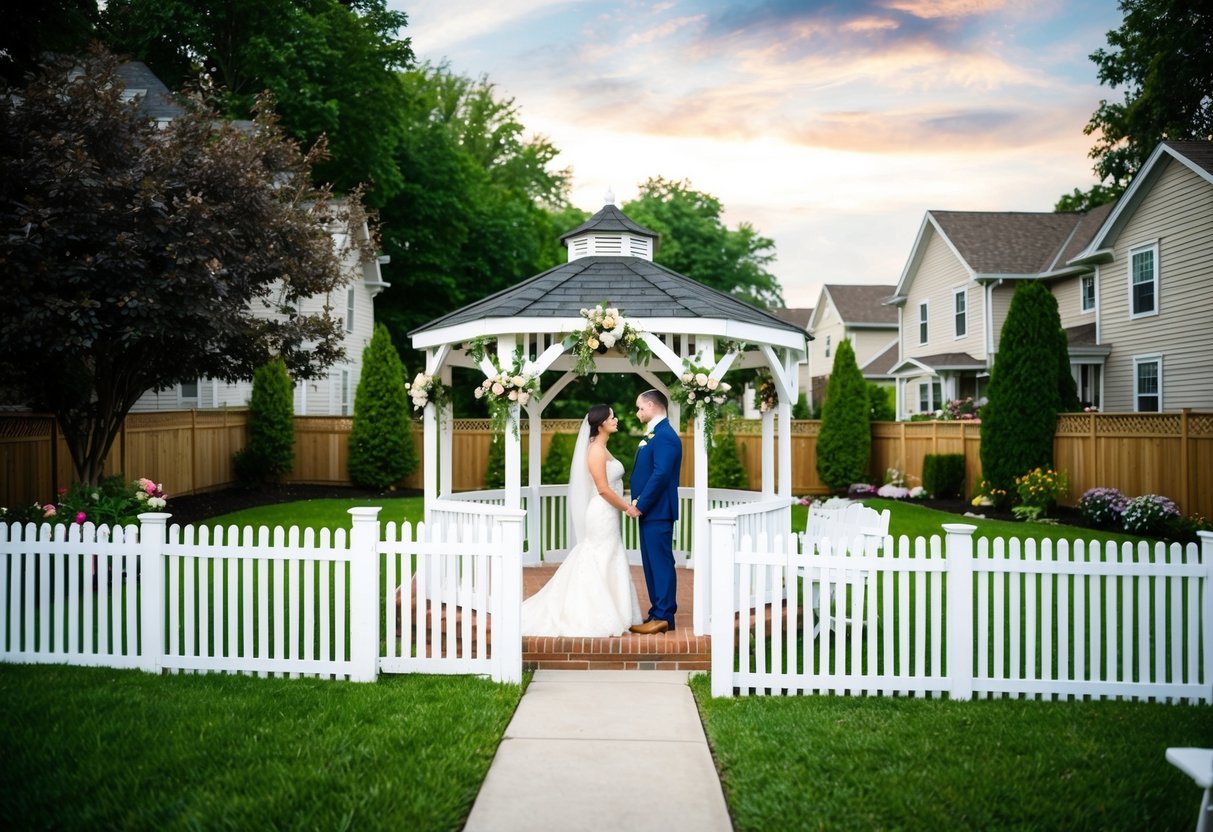 A couple stands in a lush backyard, surrounded by a white picket fence. A gazebo adorned with flowers and ribbons serves as the focal point for a small wedding ceremony. Nearby houses are visible, suggesting a residential neighborhood