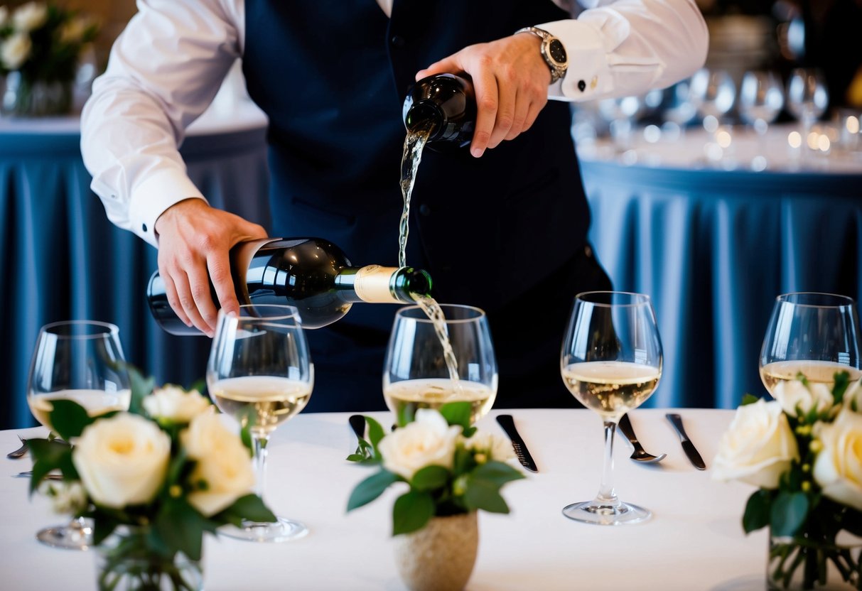 A bartender pouring wine into glasses on a table set for a wedding reception