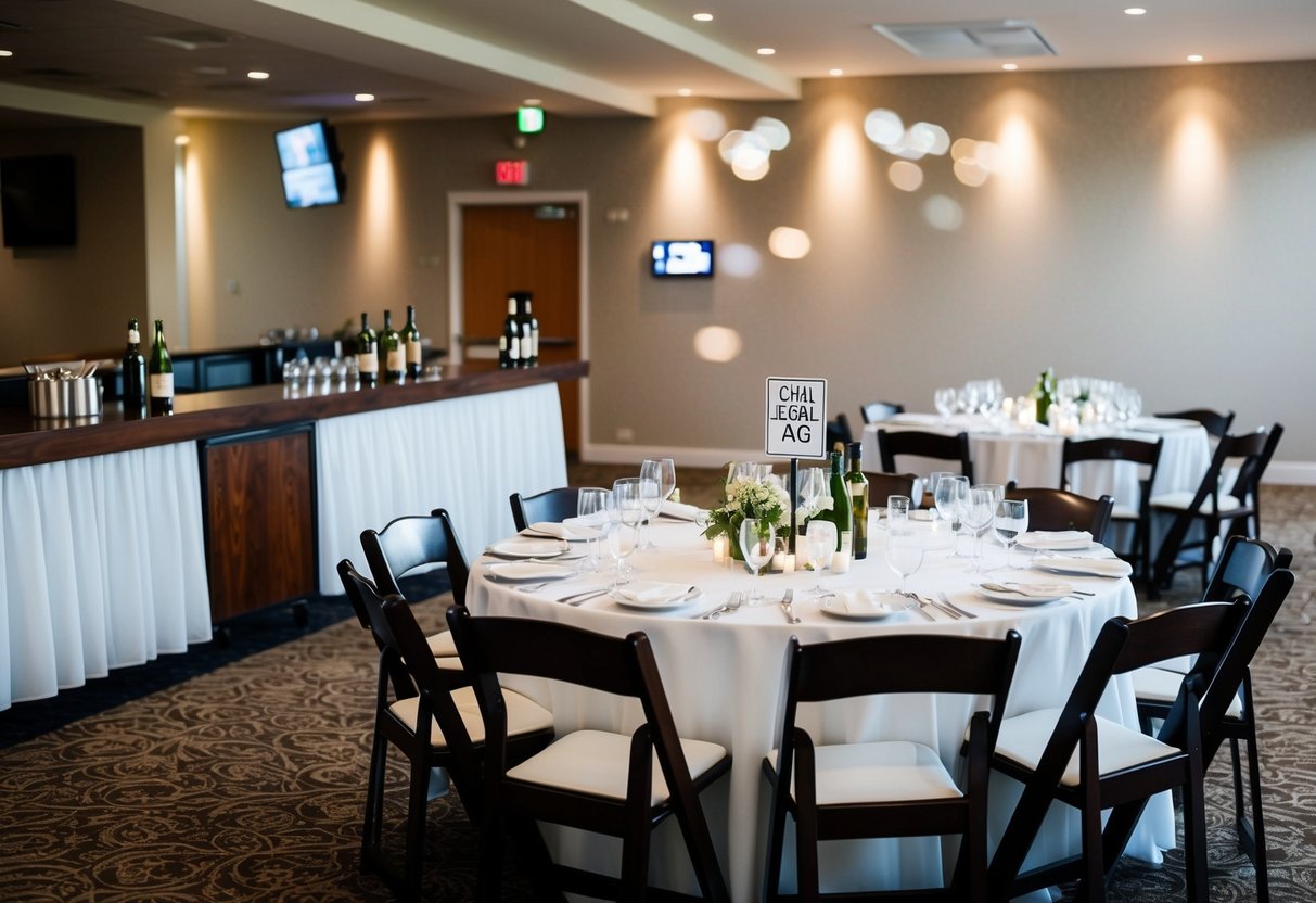 A wedding venue with tables set for a reception, featuring a bar area with bottles and glasses, and a sign indicating the legal drinking age