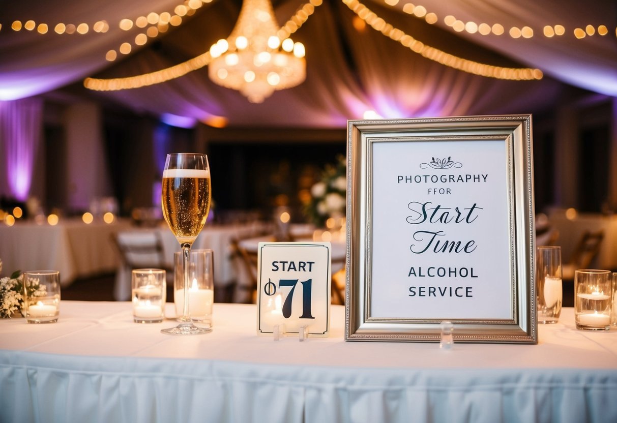 A festive wedding reception with a bar set up and a sign indicating the start time for alcohol service