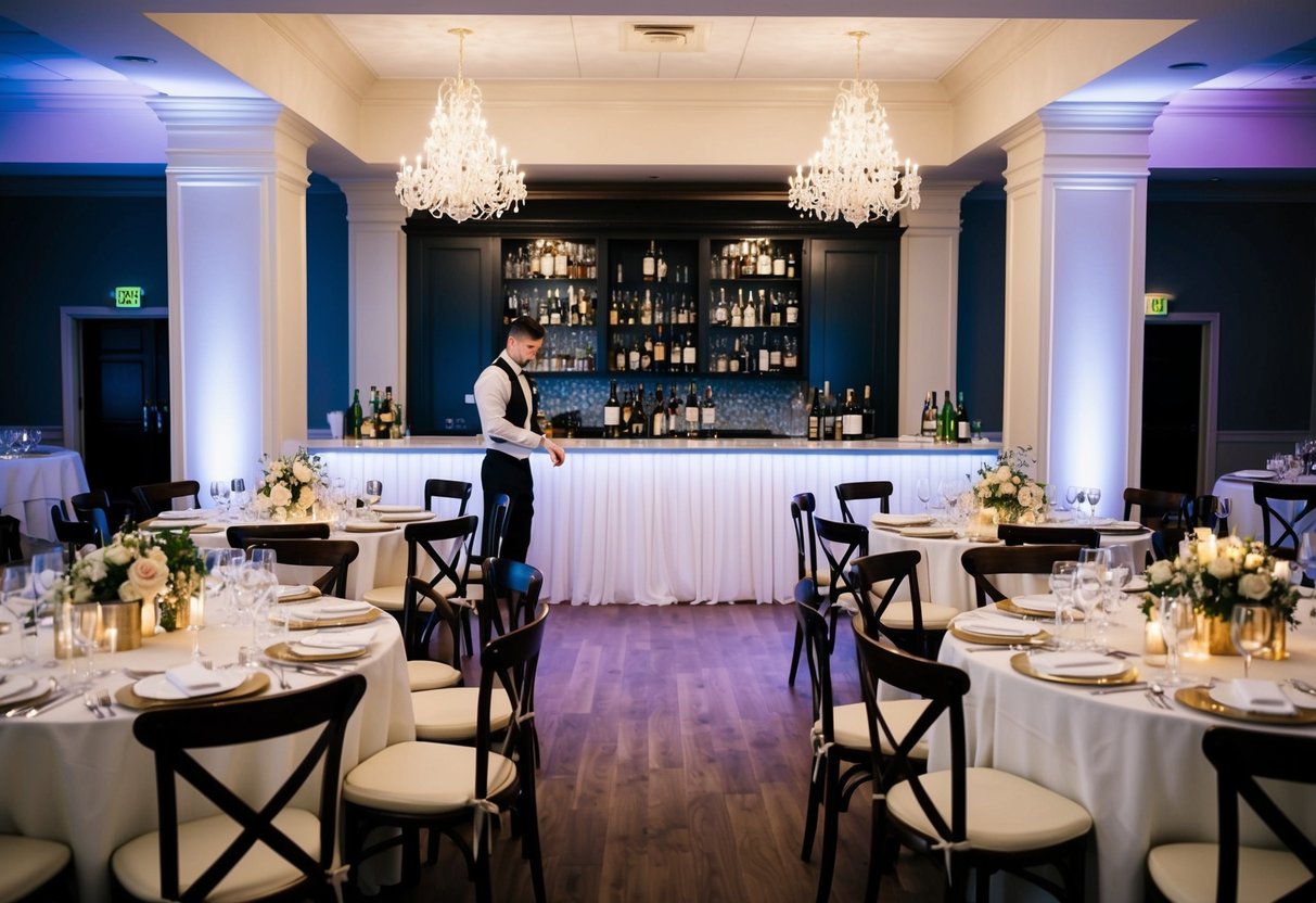 An elegant wedding venue with tables set for a reception, featuring a bar area with various bottles of alcohol and a bartender preparing drinks