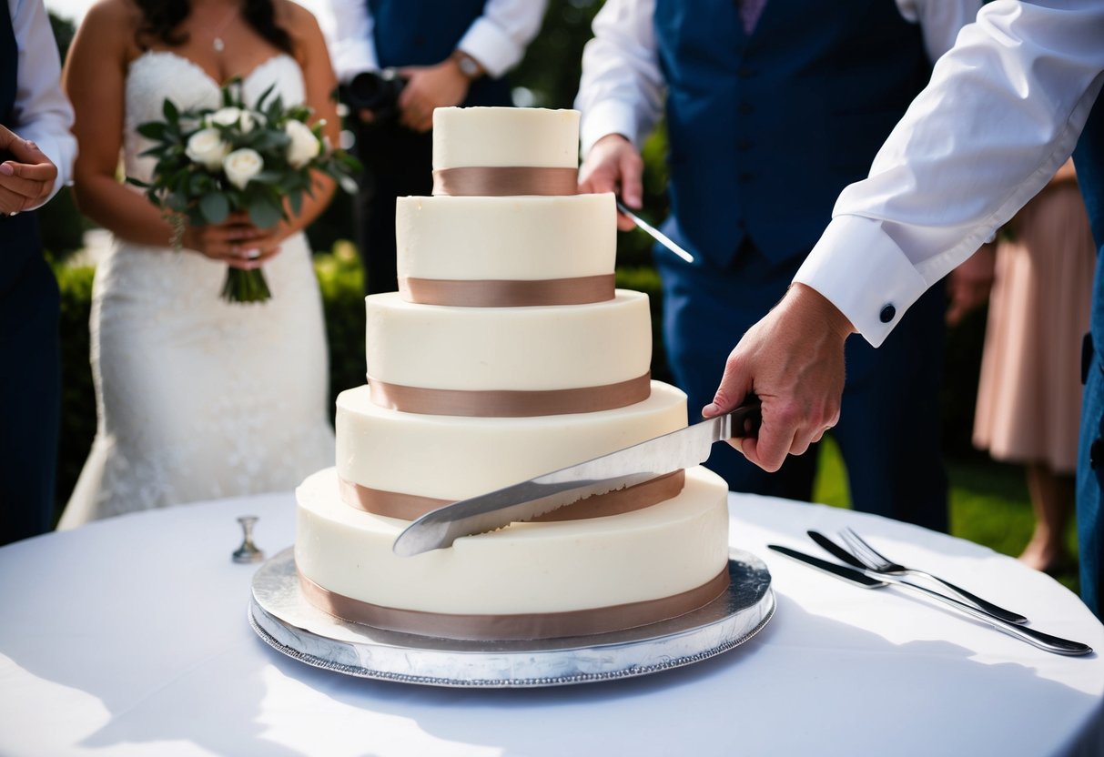 A three-tiered wedding cake being cut into slices for 50 guests