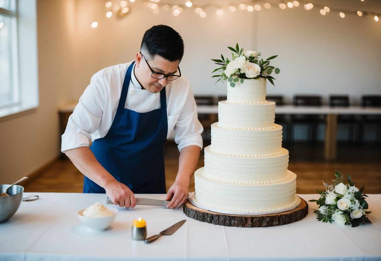 A baker measuring and cutting a tiered wedding cake to serve 50 guests