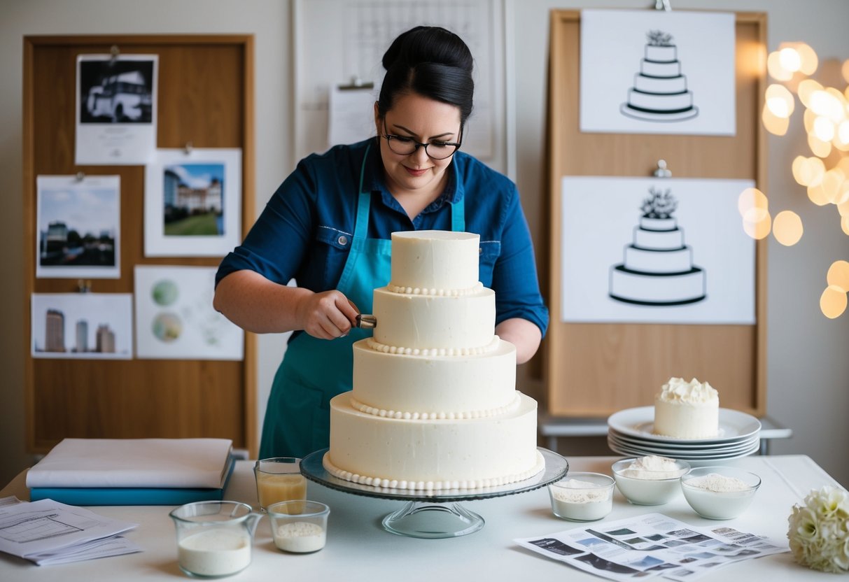 A baker carefully measures ingredients for a tiered wedding cake, surrounded by various design sketches and samples