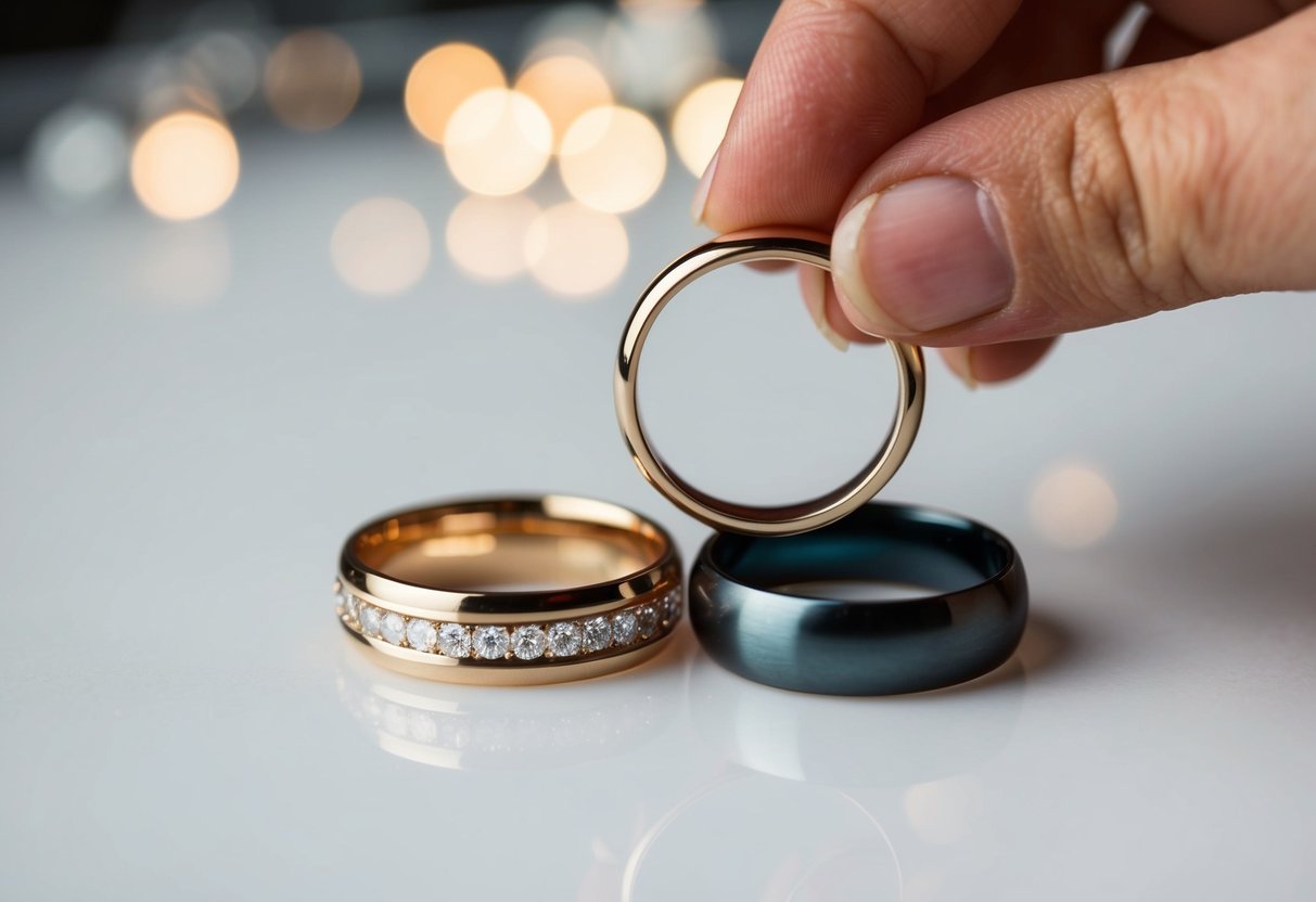 A wedding ring being removed and placed next to a second, identical ring