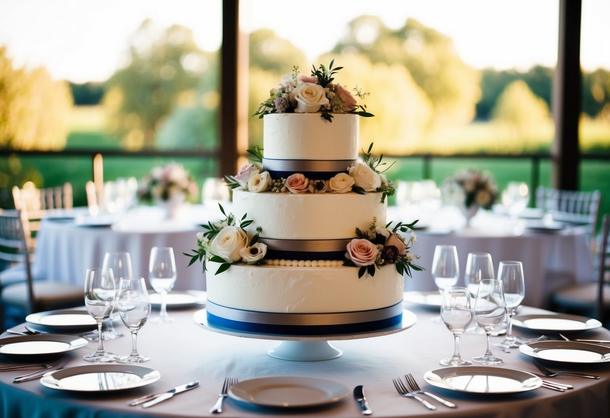 A tiered wedding cake with 3 layers, adorned with flowers and ribbons, displayed on a table with 50 place settings