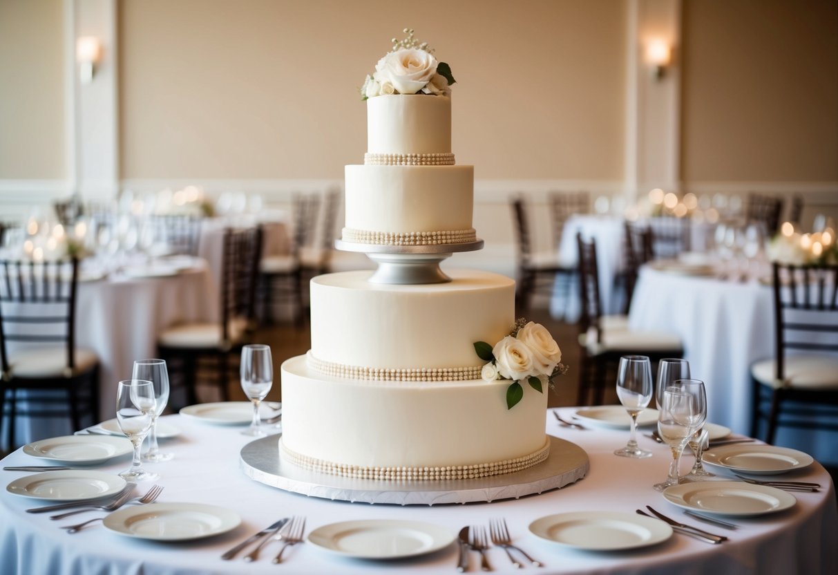 A three-tiered wedding cake with elegant frosting and decorative details, surrounded by 50 place settings