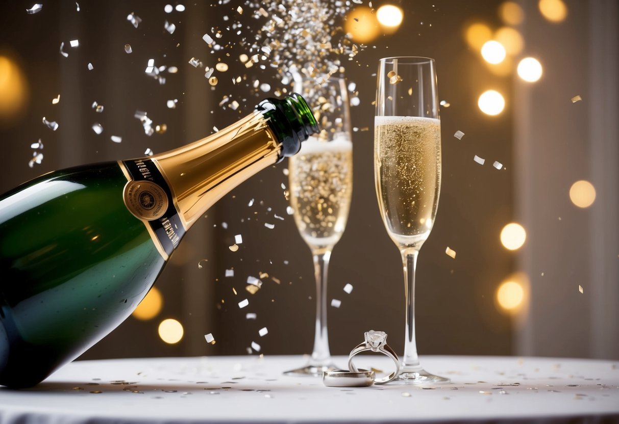 A champagne bottle pops, confetti flies, and a pair of wedding rings sparkle on a table