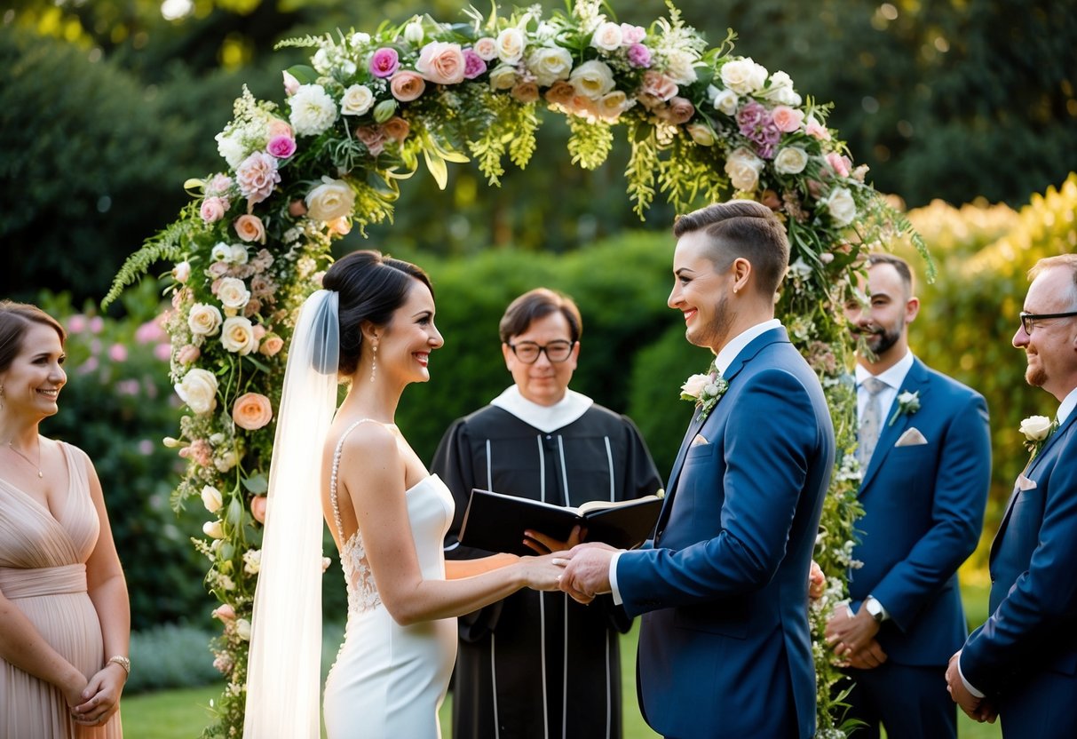 A couple stands under a floral arch in a lush garden, exchanging vows as a celebrant officiates the outdoor wedding ceremony