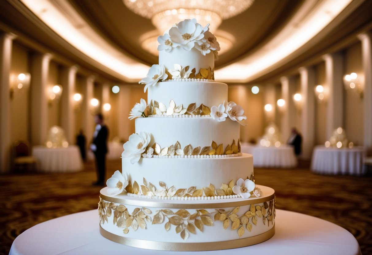 A grand, multi-tiered wedding cake adorned with intricate sugar flowers and gold leaf details, displayed in an opulent ballroom setting