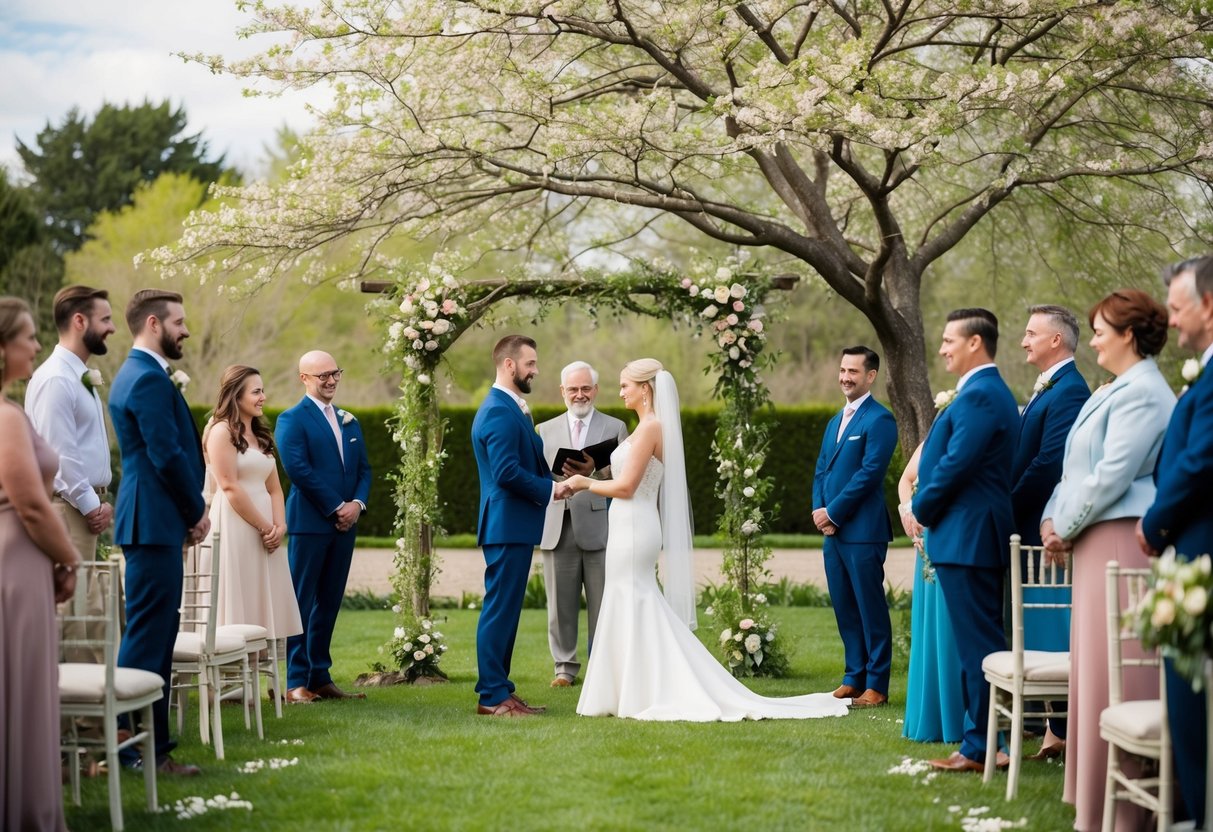 A couple exchanging vows under a blooming tree in a serene garden, with a small group of loved ones gathered around them