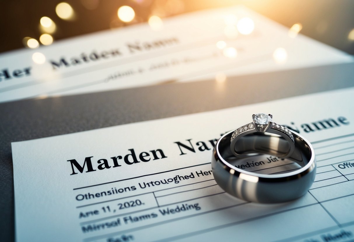 A woman's maiden name sits untouched on official documents, while her married name is prominently displayed on her wedding ring