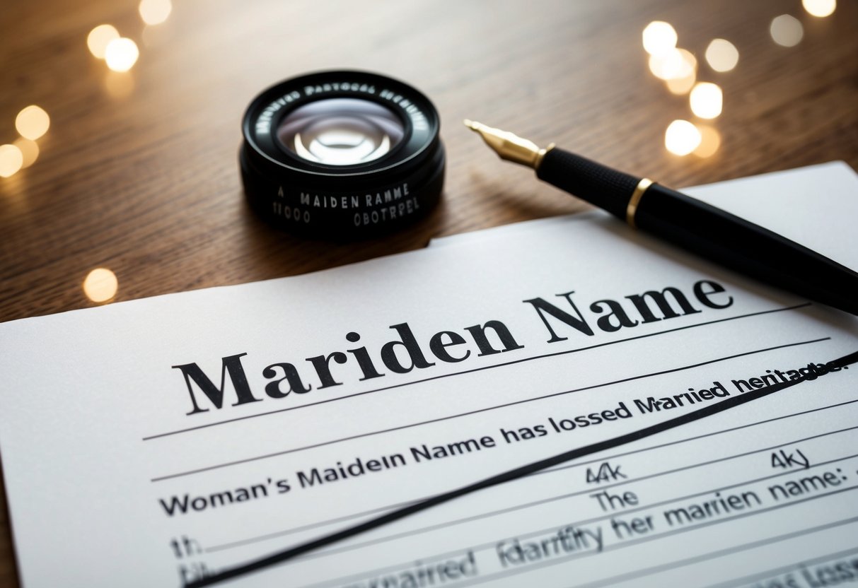 A woman's maiden name sits untouched on official documents while her married name is crossed out, symbolizing the loss of identity and heritage