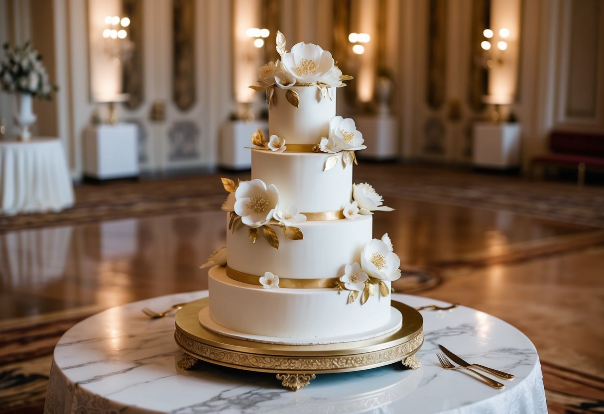 A lavish wedding cake adorned with intricate sugar flowers and gold leaf accents, displayed on a grand marble table in an opulent ballroom setting