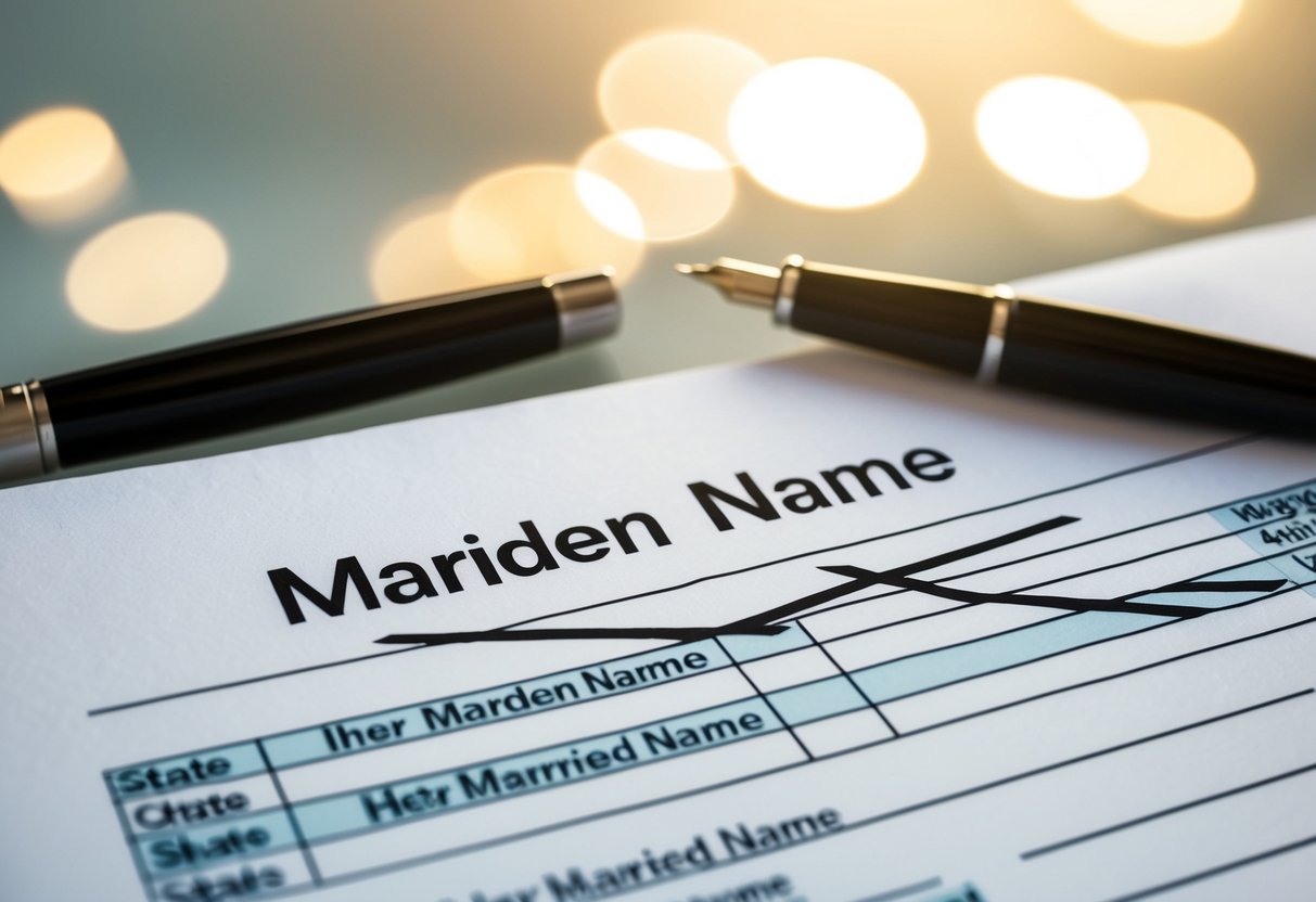 A woman's maiden name crossed out on official documents, while her married name is written in, symbolizing the loss of identity and autonomy