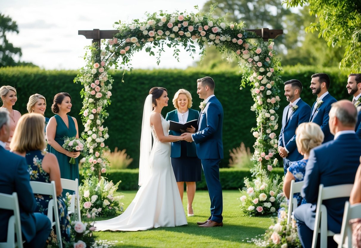 A couple stands under a floral arch in a lush garden, exchanging vows as friends and family look on, celebrating their unique marriage experience