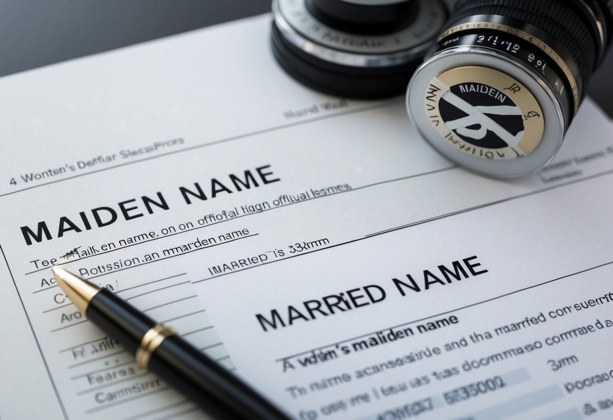 A woman's maiden name and married name on official documents, causing confusion and potential legal issues