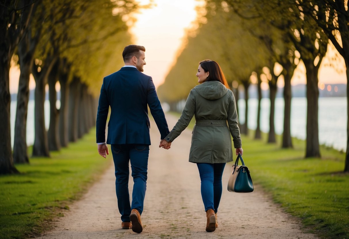 A couple walking down a tree-lined path, holding hands, with a warm sunset in the background