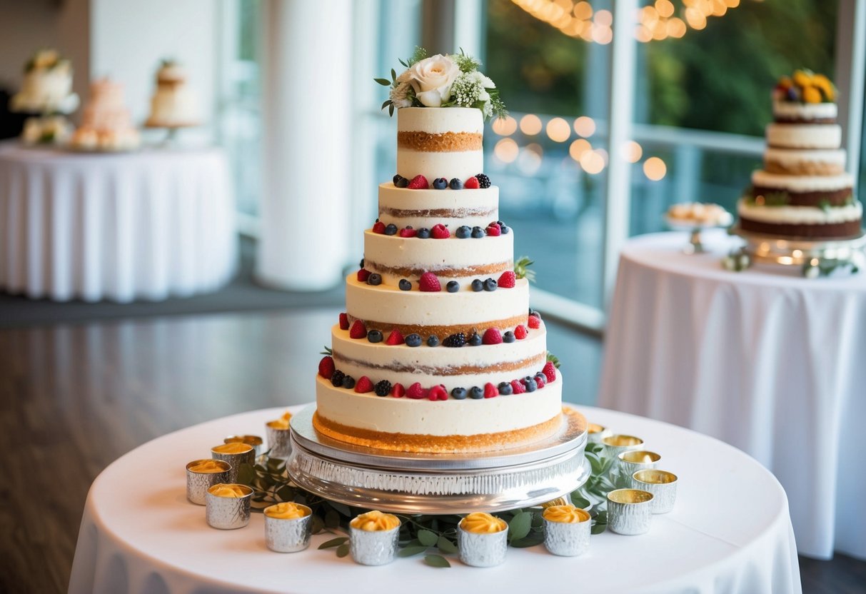A tiered wedding cake with various flavors and fillings displayed on a dessert table at a reception