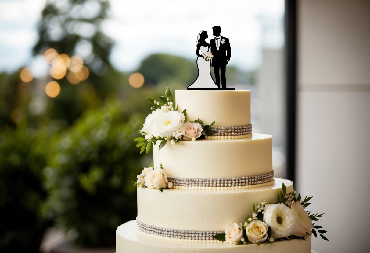 A tiered wedding cake with vanilla flavor, adorned with floral decorations and a bride and groom cake topper