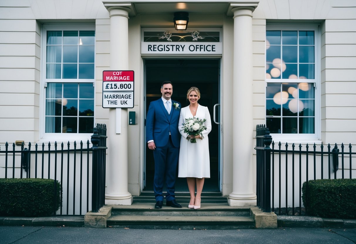 A couple stands at the entrance of a registry office, with a sign displaying the cost of marriage in the UK. The building is simple and official-looking