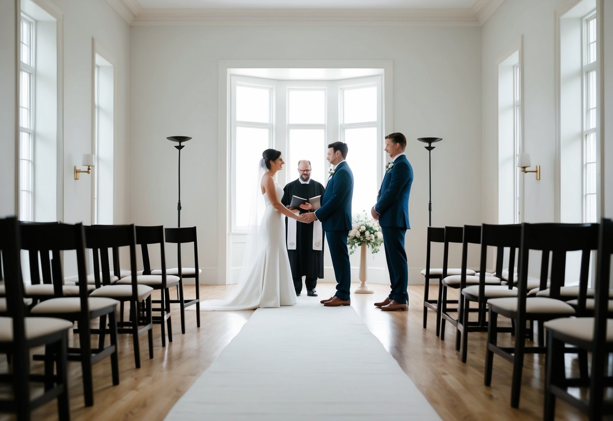 A couple stands at the end of a long aisle in a simple, elegant room with large windows and minimal decor. An officiant stands before them, ready to perform the ceremony