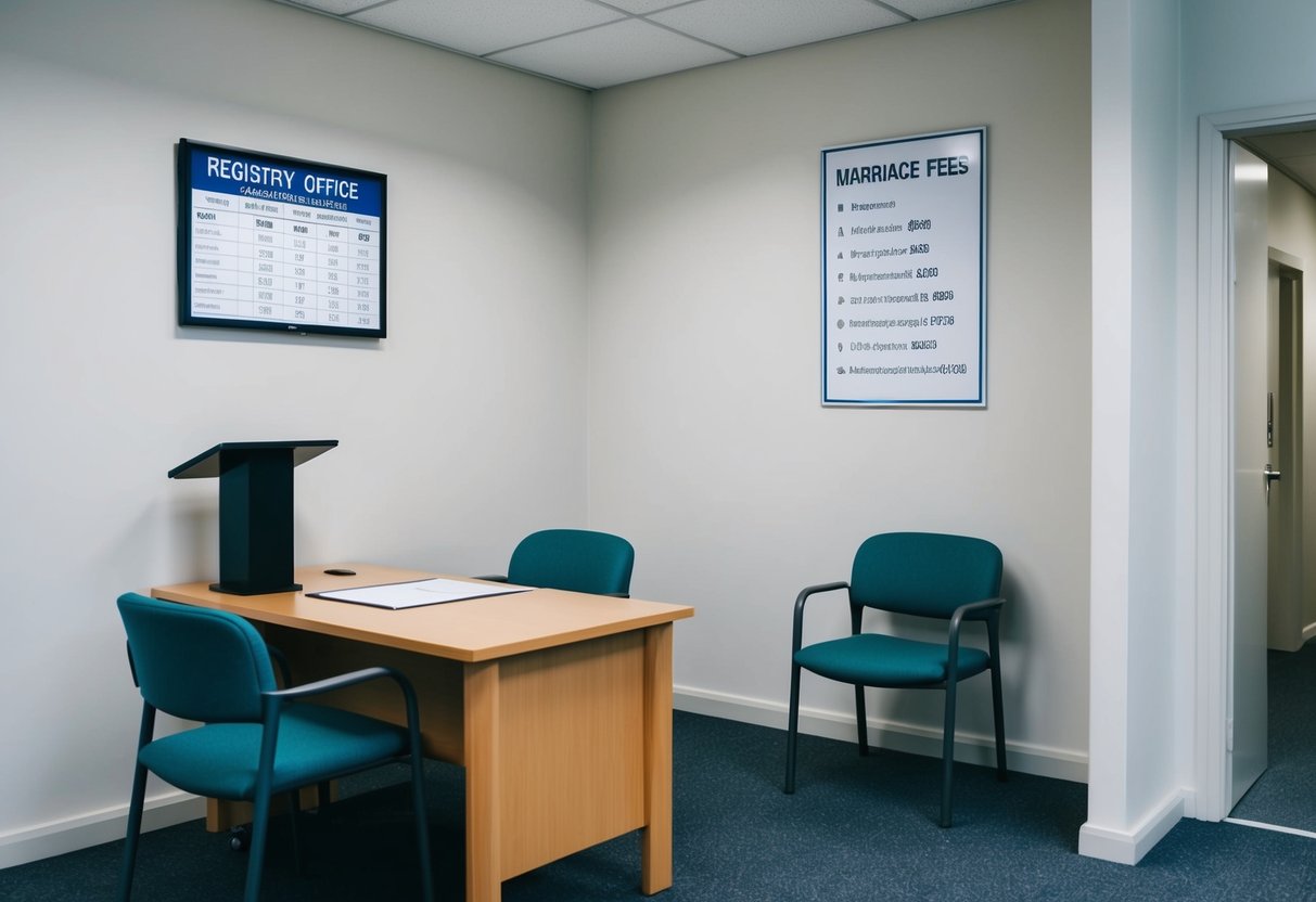 A simple registry office with a desk, chairs, and a small podium. A sign displaying the cost breakdown of marriage fees is prominently displayed on the wall